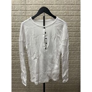 Mens White Waffle Knit Henley Long Sleeve Shirt SU0746 Small